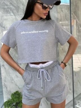 Alexander Wang Gray Logo T-shirt And Lounge Shorts Set